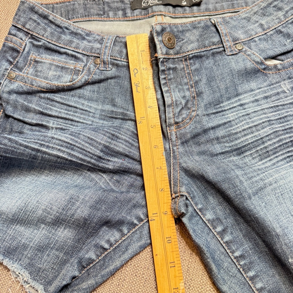 C Pink Blue Distressed Denim Cut Off Shorts Women Size 9 Frayed Hem Whiskered - Picture 5 of 11